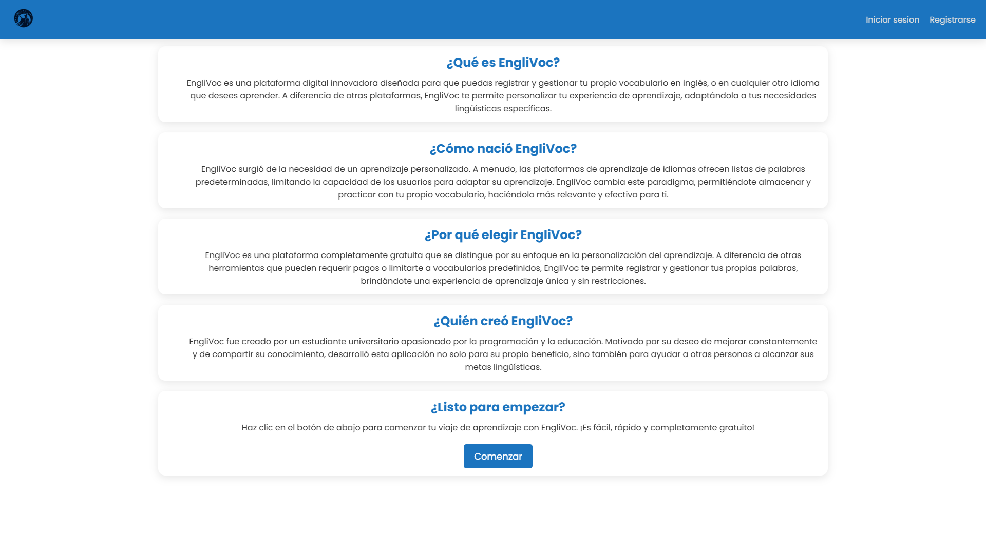 Interfaz principal de la plataforma Englivoc